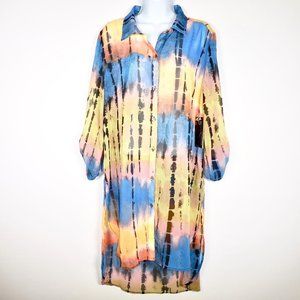 Sheer Boho Tie Dye Shirt Dress with Rolled-up Sleeve Tabs